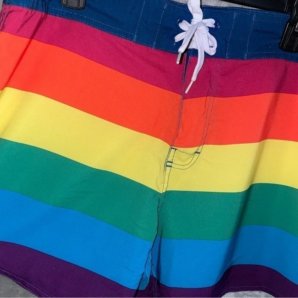 Rainbow Striped Pride Swim Surf Trunk Shorts Size Large Multi Color Beach